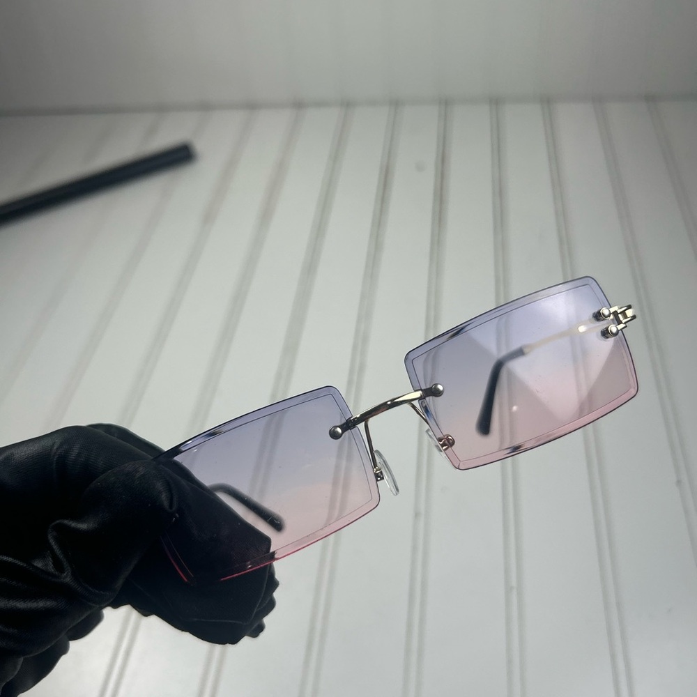 Rimless Gradient Purple Pink Rectangle Sunglasses… - image 8